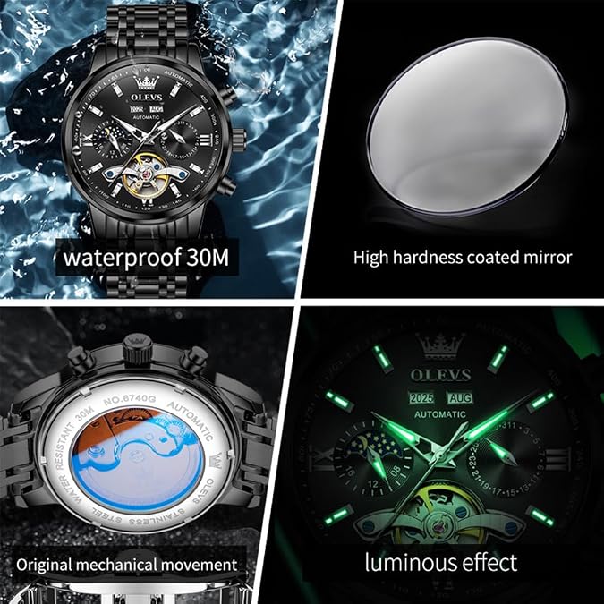 OLEVS Automatic Watches for Men Luxury Skeleton Mechanical Watch Self Winding Date Waterproof Luminous Mens Watch